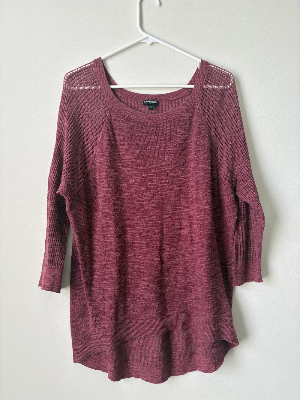 Express Open-Knit Marled Crewneck Sweater in Wine